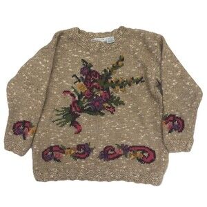 Vintage Eagles Eye Chuncky Knit Floral Girls Wool Sweater 6-6X Cottage Boho Cozy